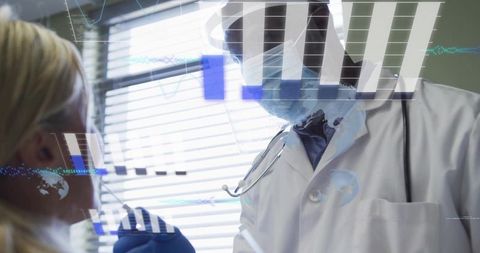 Clinician Performing Nasal Swab Wearing Mask, Gloves, Stethoscope with Digital Data Overlay