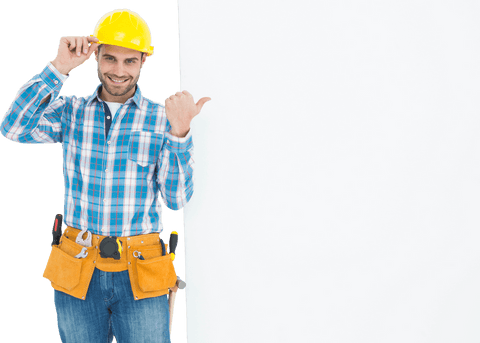 Smiling Repairman Pointing at Blank Transparent Billboard - Download Free Stock Videos Pikwizard.com