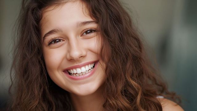 Radiant smiling teen with long wavy hair close-up portrait for lifestyle dental ads