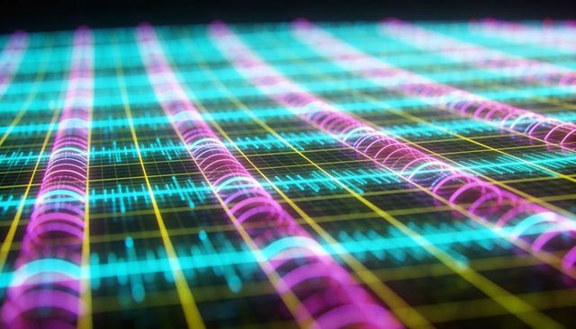 Neon data grid with magenta helical tubes and cyan waveforms, digital perspective