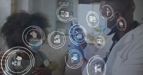 Doctor administering vaccine to child holding teddy at home with telehealth data overlays