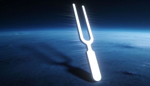 Glowing tuning fork hovering above earth limb casting long shadow over cosmic horizon