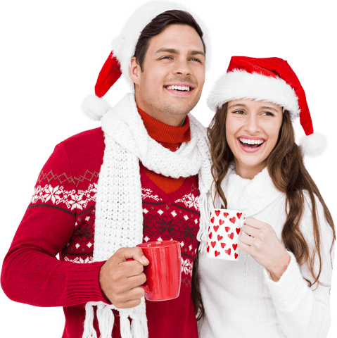 smiling couple in santa hats with mugs on transparent background - Download Free Stock Videos Pikwizard.com