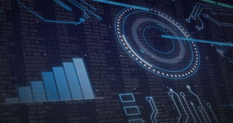 Futuristic data dashboard with neon analytics, circuit board overlay and radial gauge