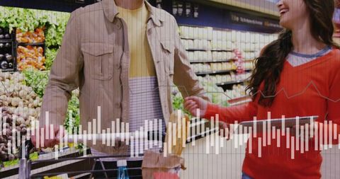 Couple shopping produce aisle pushing cart holding baguette and tablet with waveform