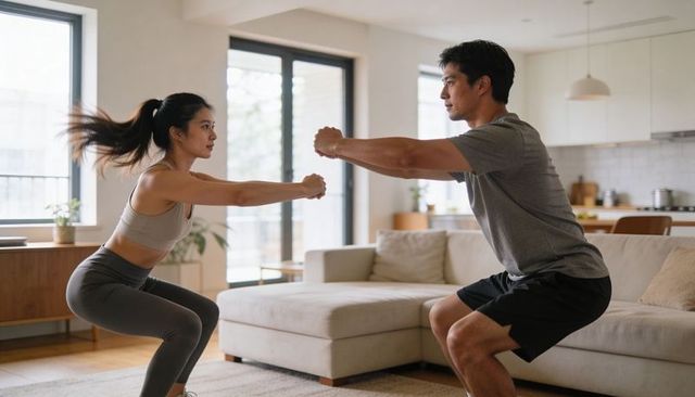Young couple training at home doing synchronized squats in modern sunlit living room