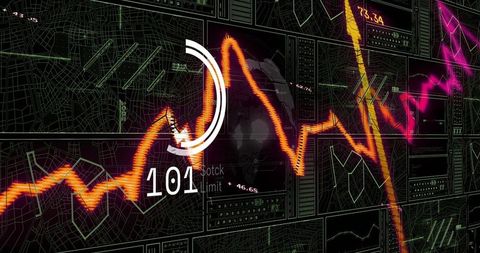 Neon Futuristic Financial Dashboard with Pulsing Orange Line Graph and HUD 101 Overlay