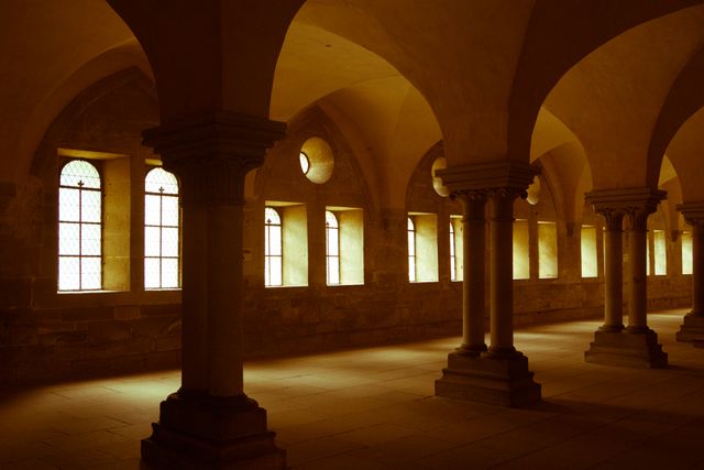 This image shows a historic cloister bathed in warm sunlight filtering through leaded glass windows. Dominated by arched columns and stone walls, it exudes a serene and sacred atmosphere, making it ideal for use in projects related to history, heritage, religion, or architectural studies. It can also be useful for illustrating types of classical architectural designs or to evoke a sense of tranquility and antiquity.