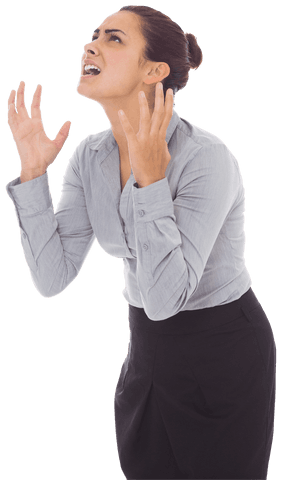 Frustrated businesswoman expressing emotions on transparent background