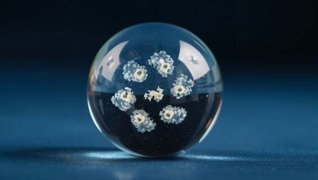 Crystal orb with floating white geometric inclusions on blue fabric reflecting lights