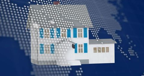 Floating suburban two-story house with garage and blue shutters over halftone world map