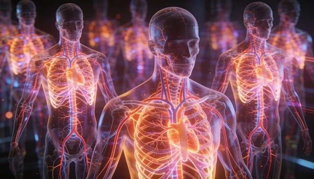 Translucent human anatomy showing glowing heart, vessels and ribcage, futuristic medical visual