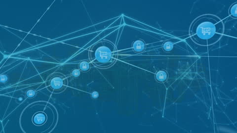 Digital Network with E-commerce Icons Overlaid on Cityscape