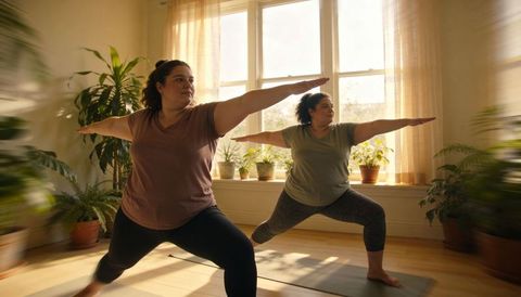 Sunlit at-home yoga session two plus-size women practicing warrior ii pose