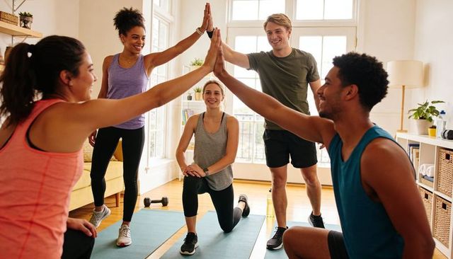 High-fiving group celebrating after workout during bright living room fitness session