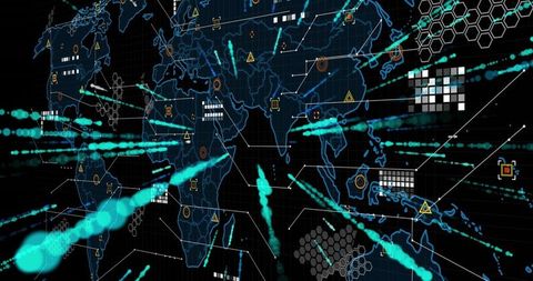 Futuristic World Map with Neon Data Streams and Network Visualization