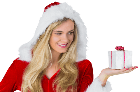Smiling Woman in Santa Costume Holding Wrapped Gift on Transparent Background