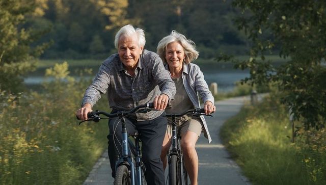 Active Senior Couple Cycling on Lakeside Trail Enjoying Outdoor Health and Companionship