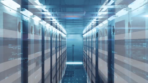 image depicting a modern server room enhanced with digital overlays, showcasing a high-tech environment emphasizing data processing and storage. ideal for use in technology or software industry content, highlighting concepts of innovation and digital infrastructure in it service promotion.