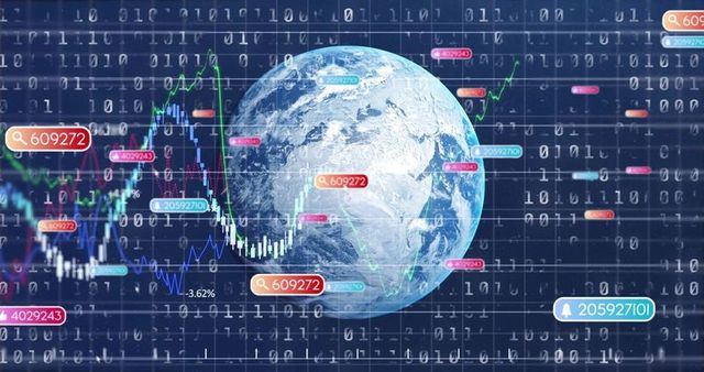 Earth surrounded by virtual data and binary code in digital space