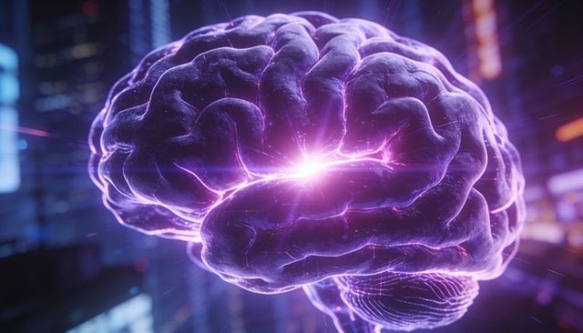 Holographic neon brain pulsing with electric energy over futuristic cyberpunk city skyline
