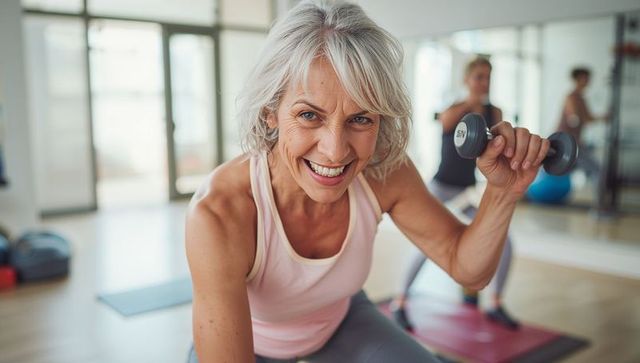 Energetic Senior Woman Lifting Dumbbell in Gym With Determination
