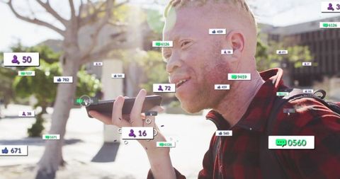 Man connects with augmented reality social metrics outdoors