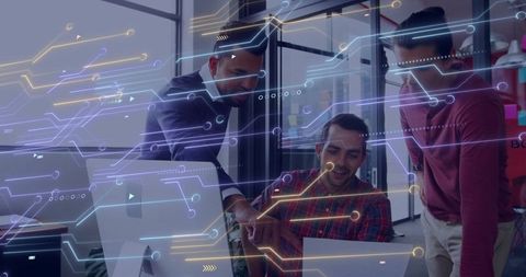 Colleagues Reviewing Code with Digital Circuit Overlay Illustration