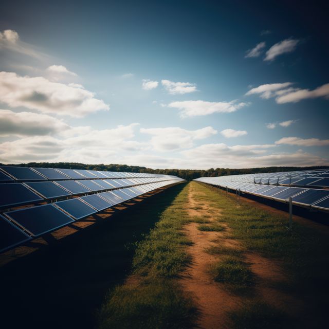 Two rows of solar panels are harnessing sunlight on a bright day, with a clear blue sky and occasional clouds creating an ideal setting for solar energy generation. Grass grows between the panels, highlighting the union of technology and nature. Use this image to promote renewable energy solutions, sustainable practices, or environmental awareness campaigns.