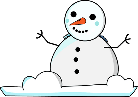Cheerful cartoon snowman with carrot nose on transparent background