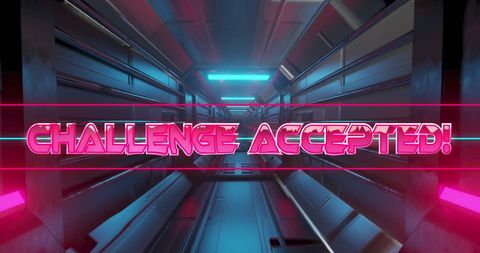 Neon Challenge Accepted Text on Futuristic Corridor Background