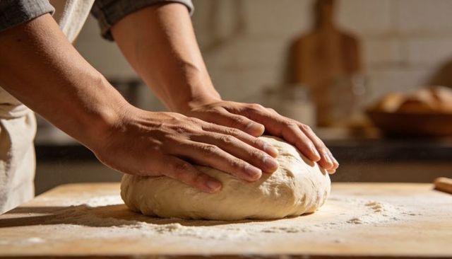 Artisan Baker Kneading Homemade Rustic Bread Dough on Floured Board in Warm Kitchen Light
