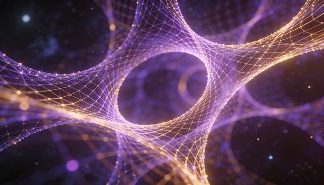 Glowing neural mesh network sculpting circular portals with luminescent node grid
