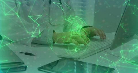 Male physician typing on keyboard at medical desk with global network visualization