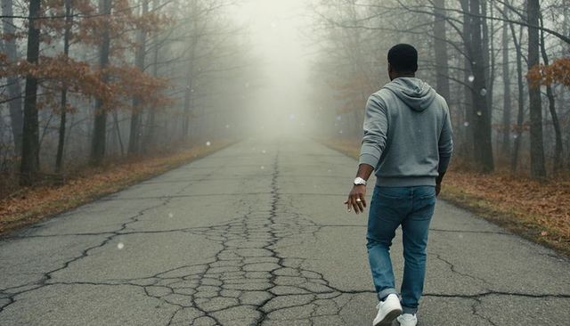 Walking into fog on cracked country road with hoodie and wristwatch, moody autumn forest
