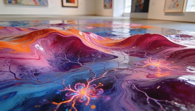 Glossy 3d poured-paint installation featuring metallic veins, vibrant resin waves
