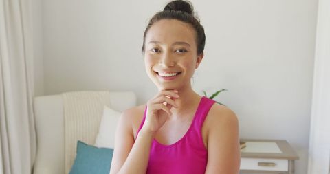 Smiling Woman Relaxed at Home in Bright Living Room - Download Free Stock Images Pikwizard.com