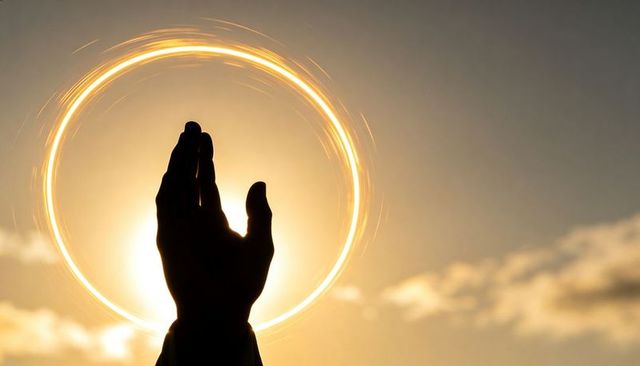 Silhouetted hand reaching toward glowing halo sunrise
