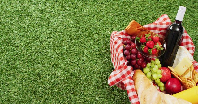 A beautifully arranged picnic spread on lush green grass showcasing wine, grapes, strawberries, bread, cheese, an apple, and a checkered red picnic blanket lining the basket. Ideal for advertising picnics, outdoor activities, summer events, or leisure lifestyle promotions.