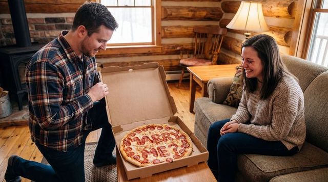 Man kneeling presenting marry me pepperoni pizza in cozy rustic cabin proposal