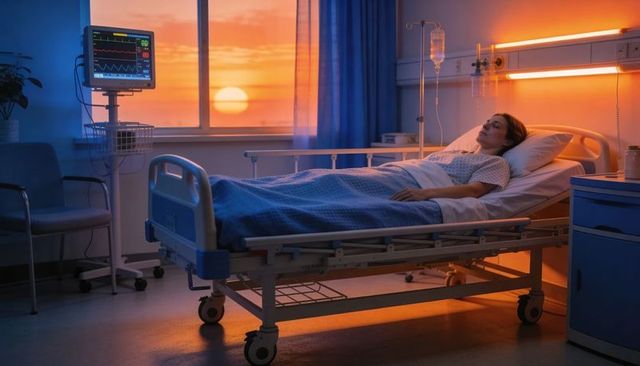Female patient resting in hospital bed at sunset with ecg monitor and iv drip