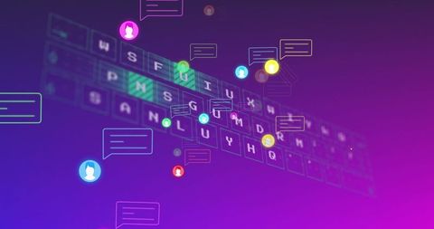 Floating neon keyboard connecting chat avatars, glowing keys evoking virtual communication