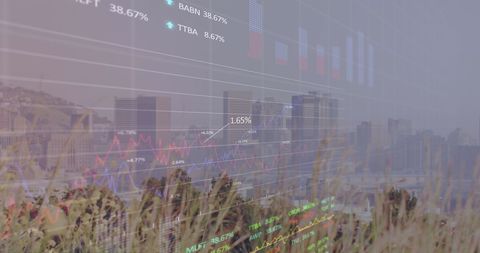 financial data displayed over urban skyline, symbolizing global business dynamics - Download Free Stock Images Pikwizard.com