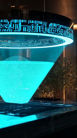 Cyan Hologram Cone Projecting from Futuristic Projector Ring on Sleek Console Vertical Tech