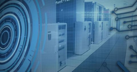 Receding server racks in futuristic data center with holographic hud overlays