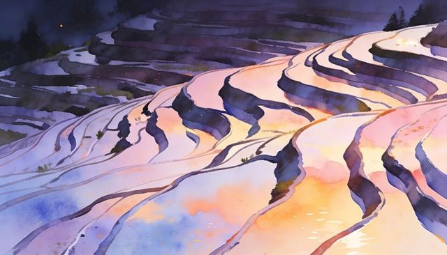 Watercolor terraced paddies reflecting sunset light on curved hillside at dusk