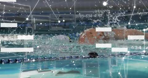 Swimmer Embarking Butterfly Stroke with Futuristic Tech Data Layers
