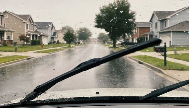 Windshield wipers sweeping rain during overcast suburban drive through quiet neighborhood