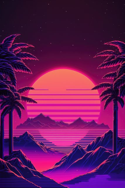 Pink and purple landscape with sun and palm trees, created using generative ai technology. Vaporwave background and colour concept digitally generated image.