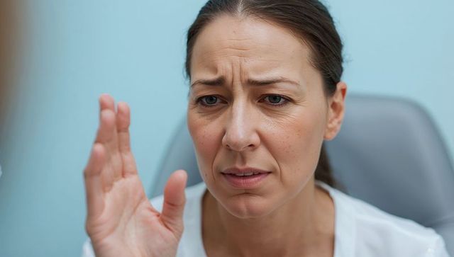 Middle-aged woman furrowing brow and raising hand while reporting hand discomfort in clinic exam